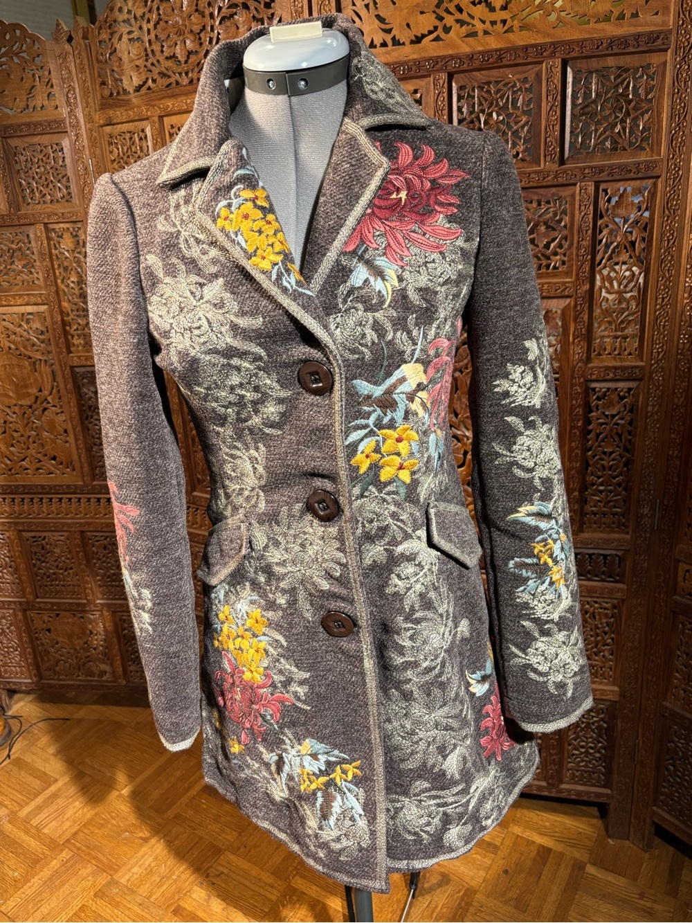 paparazzi Gray Floral Teddy Jacket with Pink & Yellow Embroidery